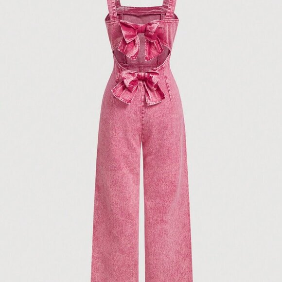 Pink Casual Women's Wide Leg Loose Versatile Denim Bib Pants - Picture 2 of 4